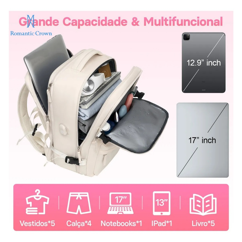 Mochilo de Viagem Multifuncional Feminina Impermeável Executiva Notebook Mochila Reforçada,Carregamento USB
