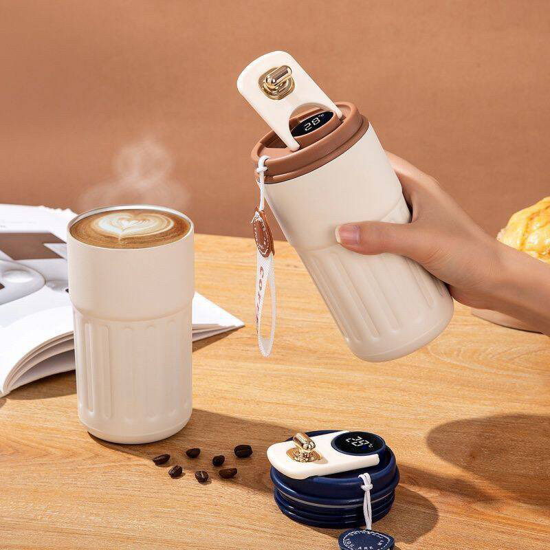 Copo Térmico Cafe Inox Portátil com tampa,450ml, Com LED Temperatura Antivazamento—
